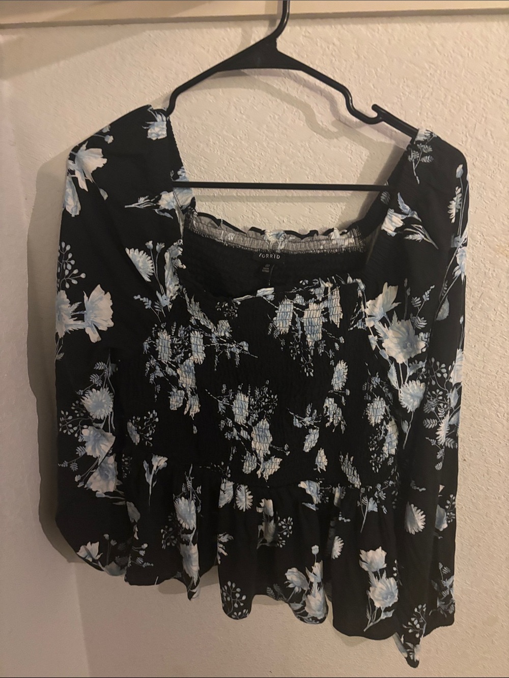 torrid Black Floral Smocked Peplum Top with Light Blue Flowers